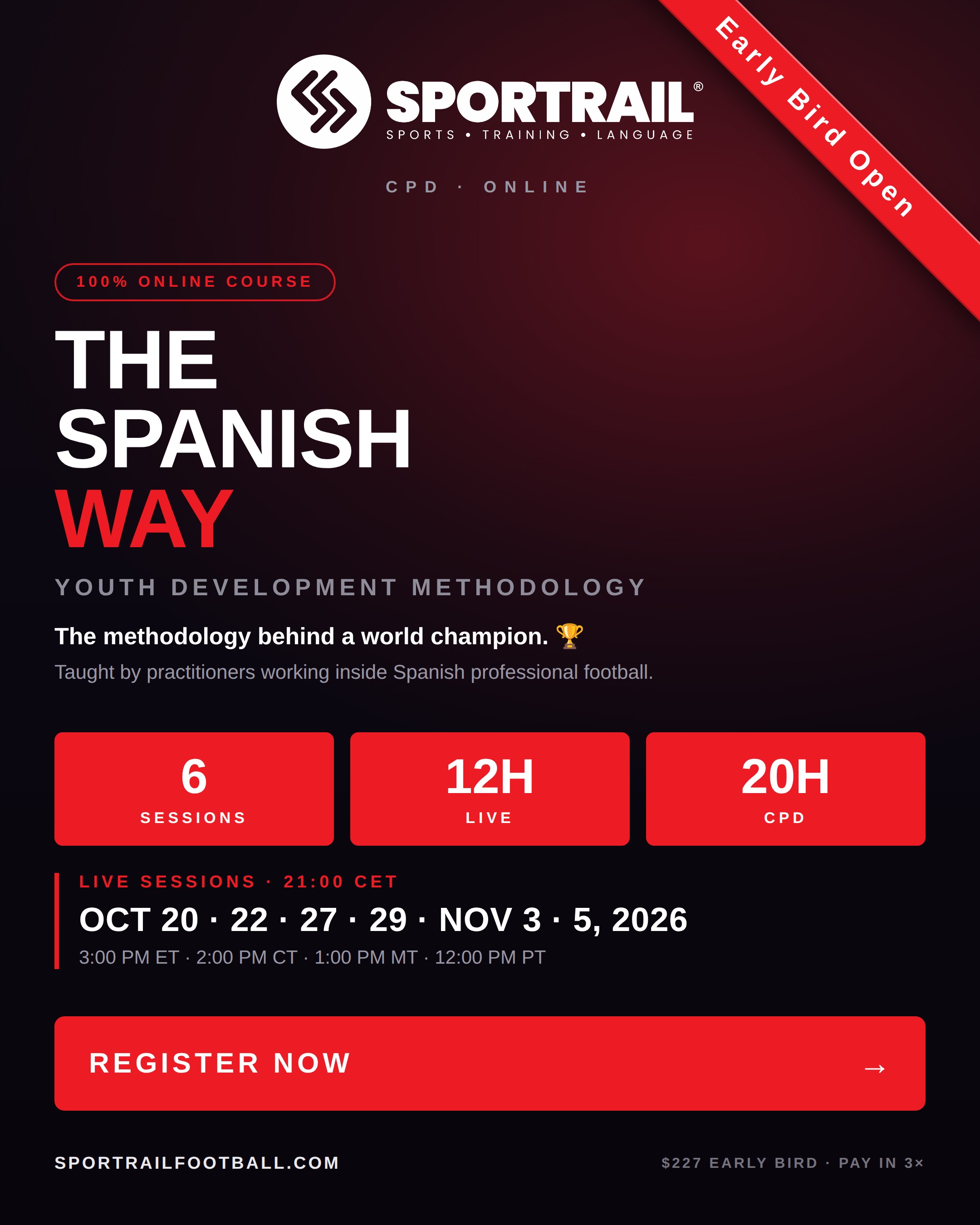 The Spanish Way: Youth Development Methodology — Sportrail Football, 6 live sessions Oct–Nov 2026, taught by practitioners from Spanish professional football